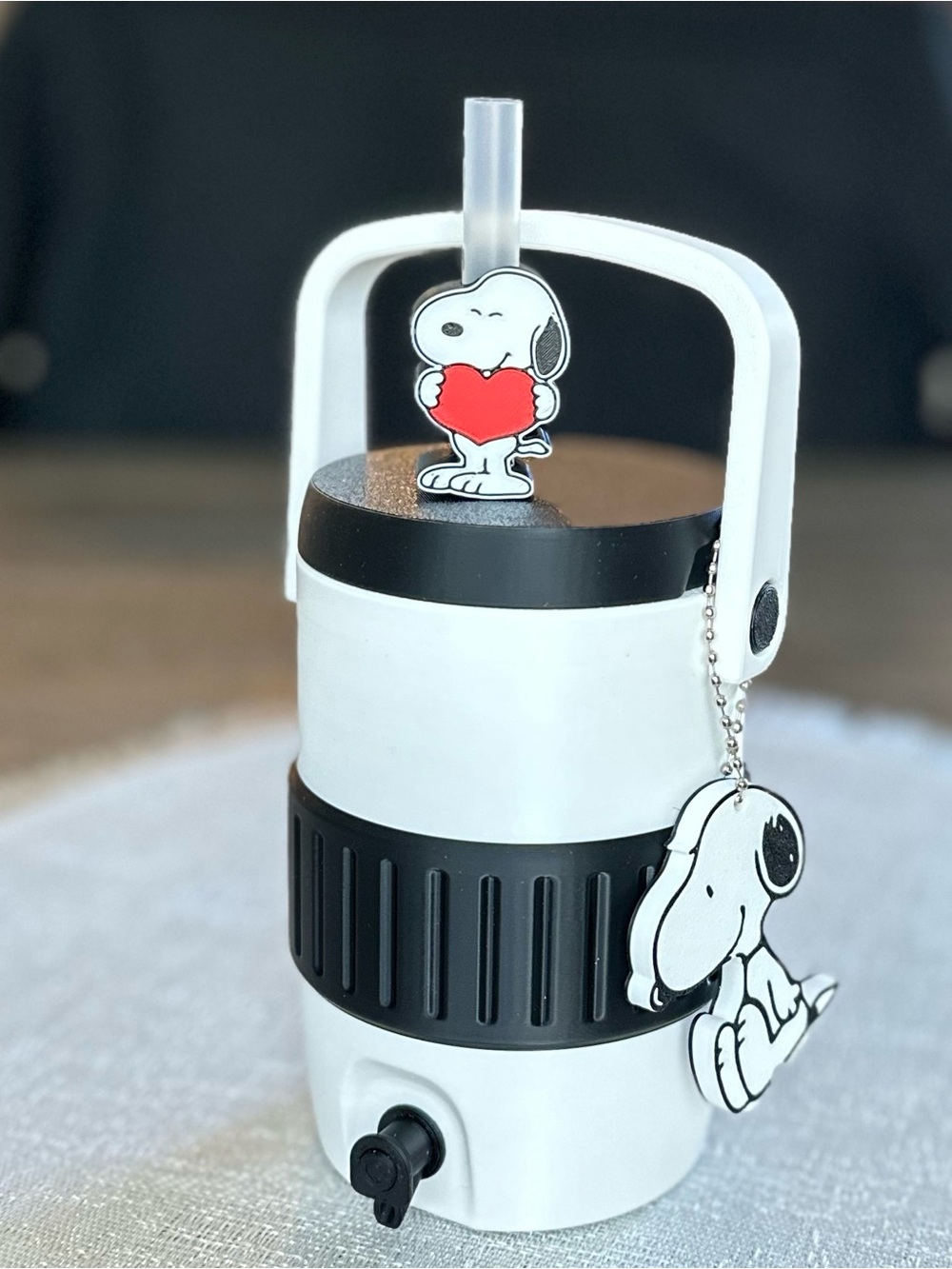 Snoopy Themed Black & White Can Cooler with Can Tab Opener Charm & Straw Topper